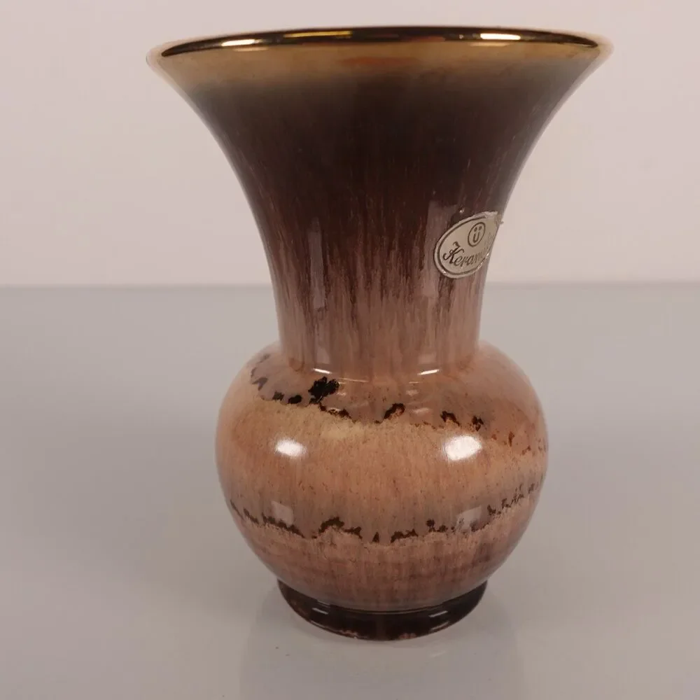 Vintage Keramik Western Germany Drip Glaze Trumpet Neck Vase Brown Gold Rim 5